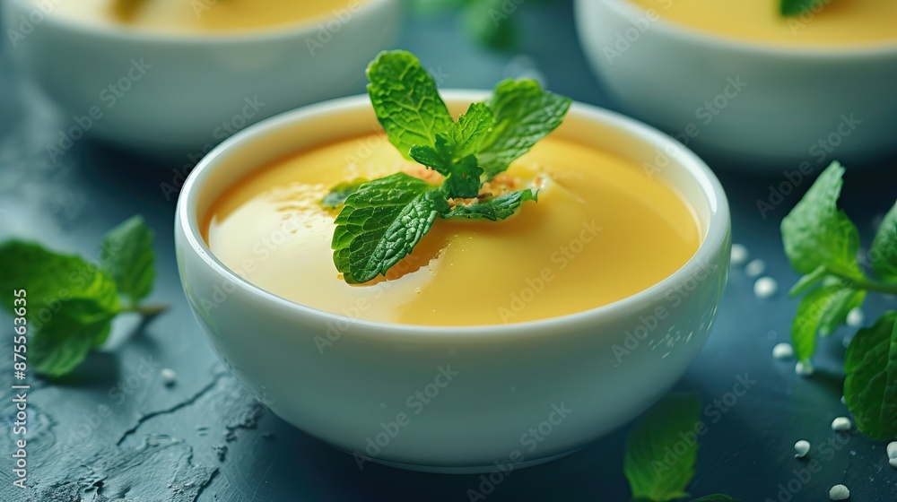 homemade caramel custard pudding with mint homemade caramel custard pudding with mint