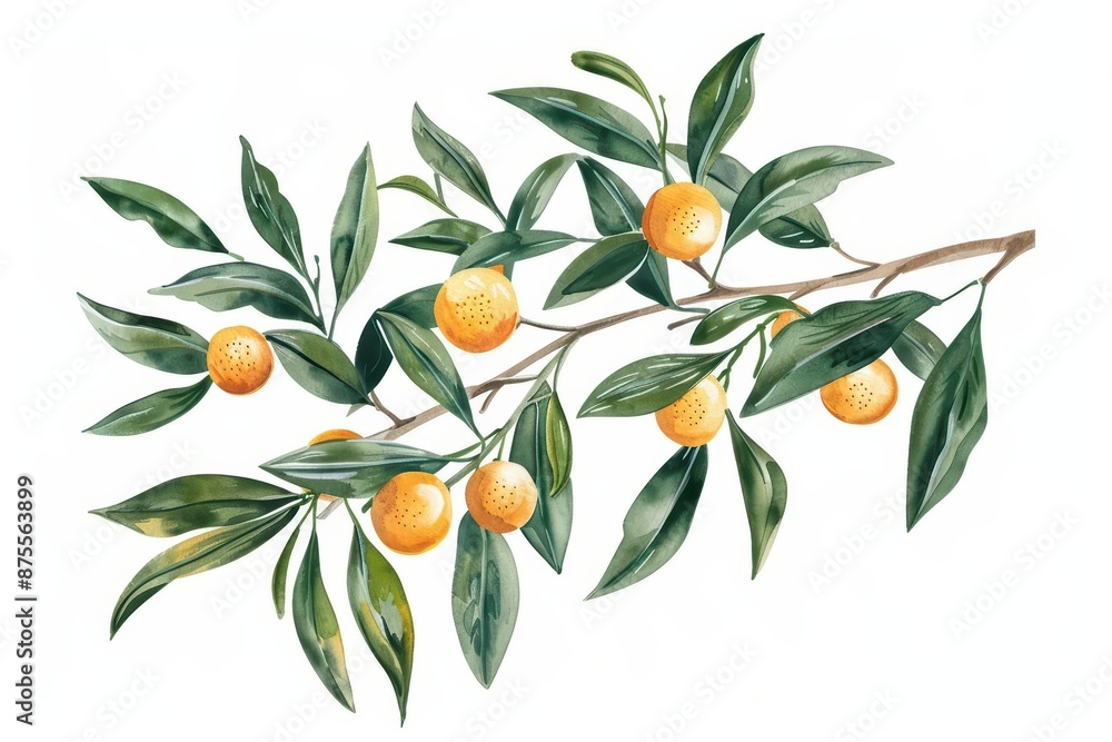 Obraz premium A soft watercolor rendering of a kumquat tree, illustrating its small, ovalshaped fruits and dark green leaves, isolate on white background with copy space