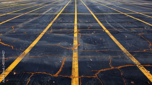 A cracked and broken asphalt road with yellow lines. The road is empty and desolate. The cracks and holes in the road are large and deep