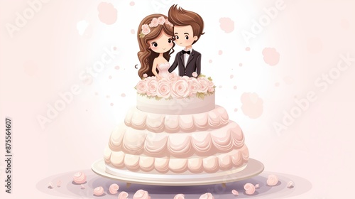 Illustration of the incredibly romantic wedding, a beautifully adorned cake with bride and groom figurines stands out as a centerpiece, adding charm and romance to the joyous celebration.