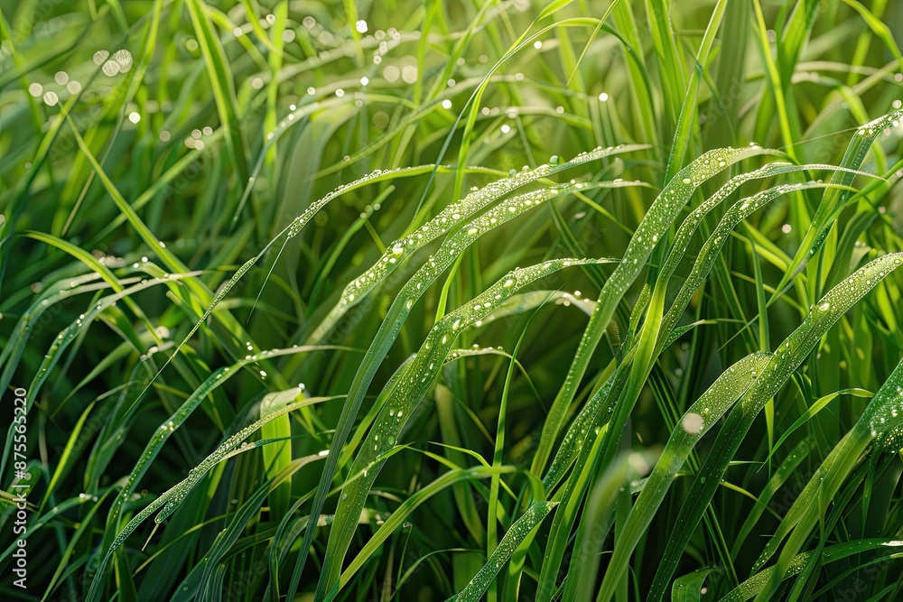 Obraz premium The grass is wet and green, with droplets of water on the leaves. Concept of freshness and vitality, as the grass appears to be thriving in the rain