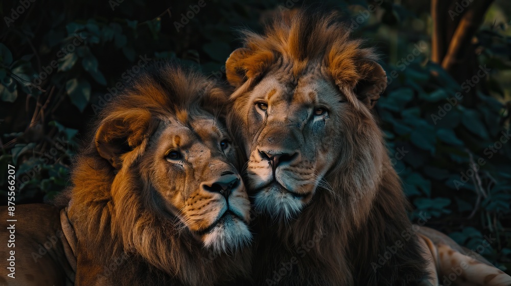 Majestic African lion couple loving pride of the jungle Mighty wild animal of Africa in nature Majestic African lion couple loving pride of the jungle Mighty wild animal of Africa in nature