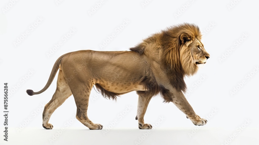 Obraz premium Side view of a male adult lion walking away isolated on white