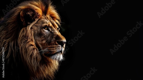 Portrait of a beautiful lion and copy space. Lion in dark