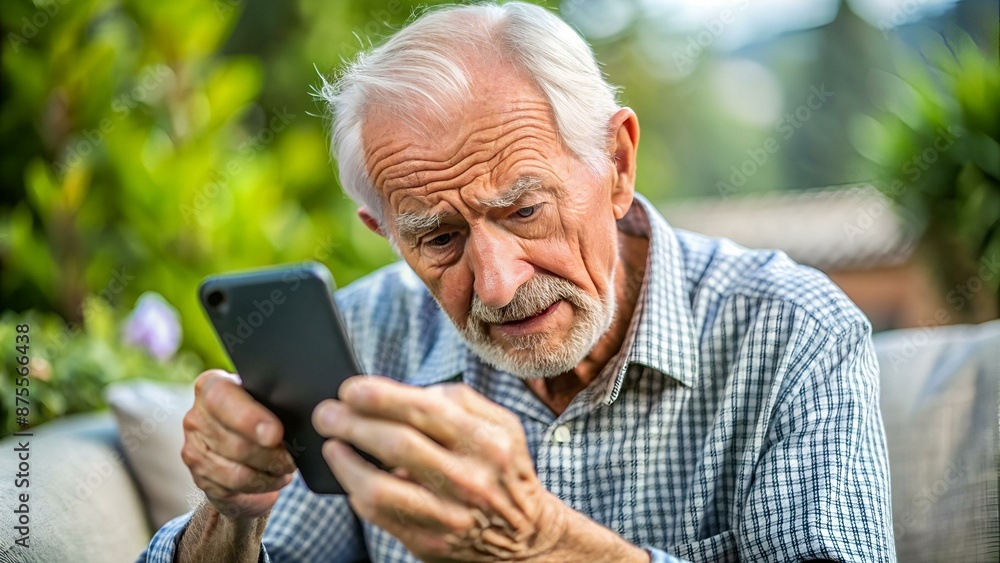 elderly man having trouble seeing mobile phone elderly man having trouble seeing mobile phone