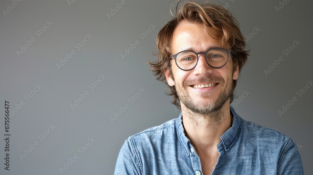 Smiling man in glasses for millennial optic store ad. Smiling man in glasses for millennial optic store ad.