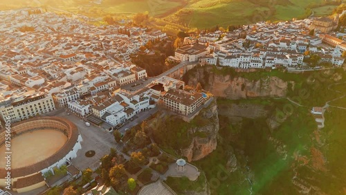 Aerial view of the Ronda medieval town at sunrise, Andalusia, Spain