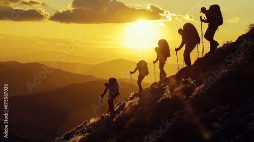 Silhouette of hikers climbing up on the mountain team work and helping concept.