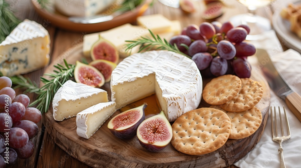 brie, camember cheese platter with figs, camembert and crackers on a rustic wooden table brie, camember cheese platter with figs, camembert and crackers on a rustic wooden table