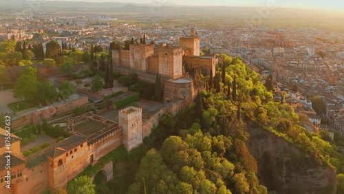 Aerial view of the Alhambra palace at sunset in Granada, Andalusia, Spain