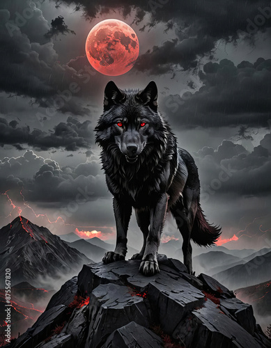 A black wolf under a red blood moon.  photo