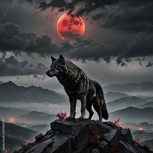 A black wolf under a red blood moon.  photo