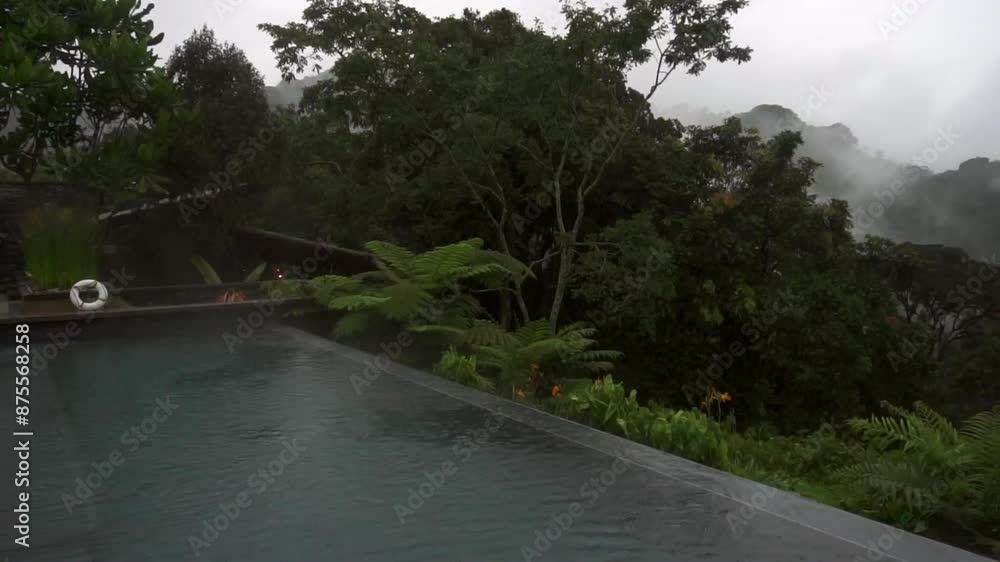 Panning Slow Motion Shot Of S Swimming Pool Of Resort In Forest While Raining - Gisakura, Rwanda Panning Slow Motion Shot Of S Swimming Pool Of Resort In Forest While Raining - Gisakura, Rwanda