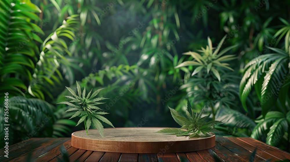 Podium and hemp leaf for the presentation of products with CBD oil and cannabis Podium and hemp leaf for the presentation of products with CBD oil and cannabis