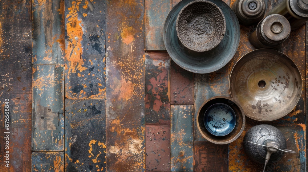 Rustic Metal Bowls and Utensils on Weathered Surface Rustic Metal Bowls and Utensils on Weathered Surface