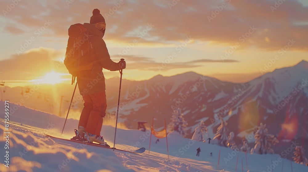 Man skiing in resort with winter sunset background. Christmastime photo. Man skiing in resort with winter sunset background. Christmastime photo.