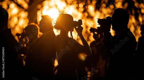 Silhouette of celebrity being photographed by paparazzi photographers at event photo