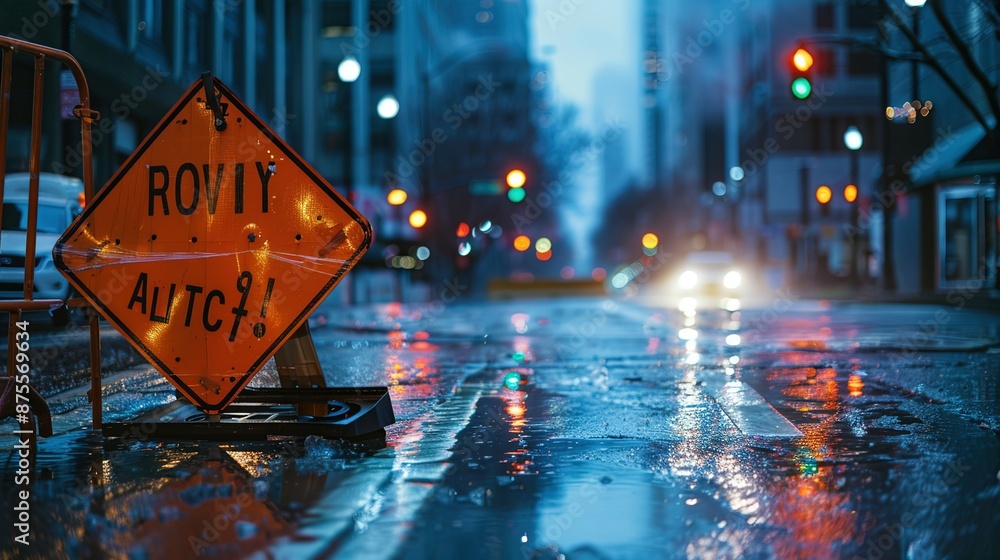Road Closed Sign on a Wet City Street Road Closed Sign on a Wet City Street