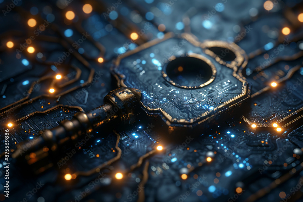 Key in blue technology background. Digital security and data protection concept. Key in blue technology background. Digital security and data protection concept.