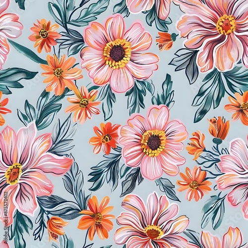 Intricate Pink and Orange Floral Pattern with Yellow Center Detail
