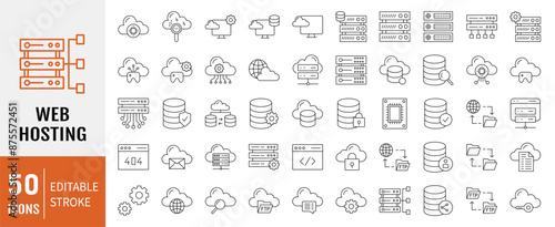 Web Hosting line icons set. Editable stroke. Containing as web hosting, server, data center, cloud hosting, domain, ftp, internet, database and firewall, ad more. Vector illustration