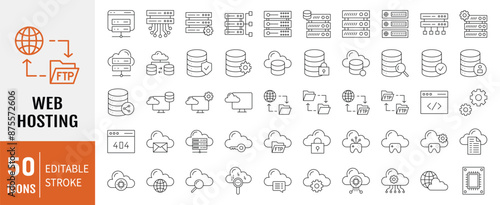 Web Hosting outline web icons set. Web hosting, server, data center, cloud hosting, domain, ftp, internet, database and firewall. Editable stroke