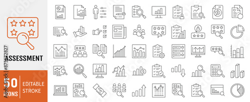 Assessment editable stroke outline web icons set. Audit, analysis, plan, evaluation, result and goal. Vector illustration