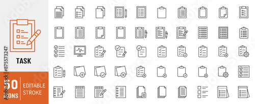 Clipboard, checklist, report, survey or agreement editable stroke outline icons set isolated on white background vector illustration. Pixel perfect.