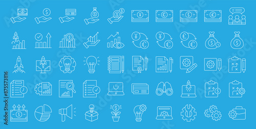 Startup icon set. Containing innovation, business plan, investment, launch, funding, investor and entrepreneurship icons. 
