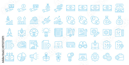 Startup icon set. Containing innovation, business plan, investment, launch, funding, investor and entrepreneurship icons. 
