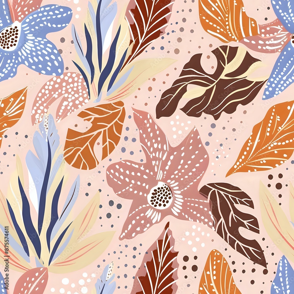 Tropical Blue Flower and Orange Leaf Pattern Tropical Blue Flower and Orange Leaf Pattern