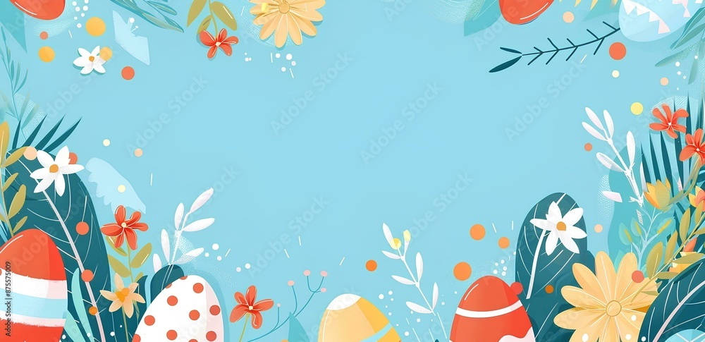 Naklejka premium Easter background with colorful eggs and flowers on a light blue color. ecommerce banner template design. Design for advertising or promoting goods and services.