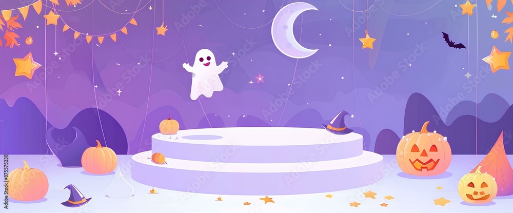 Naklejka premium podium with the moon, pumpkins and ghosts on a purple background for a Halloween advertising banner or promotion sale template. bunting flag , concept design with a spooky theme background.