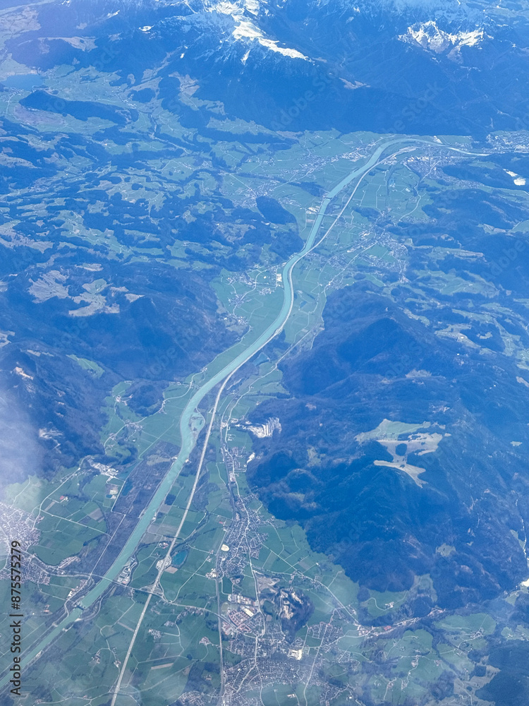 Naklejka premium Aerial photo of city and mountains Italy, Bergami, Milan from airplane