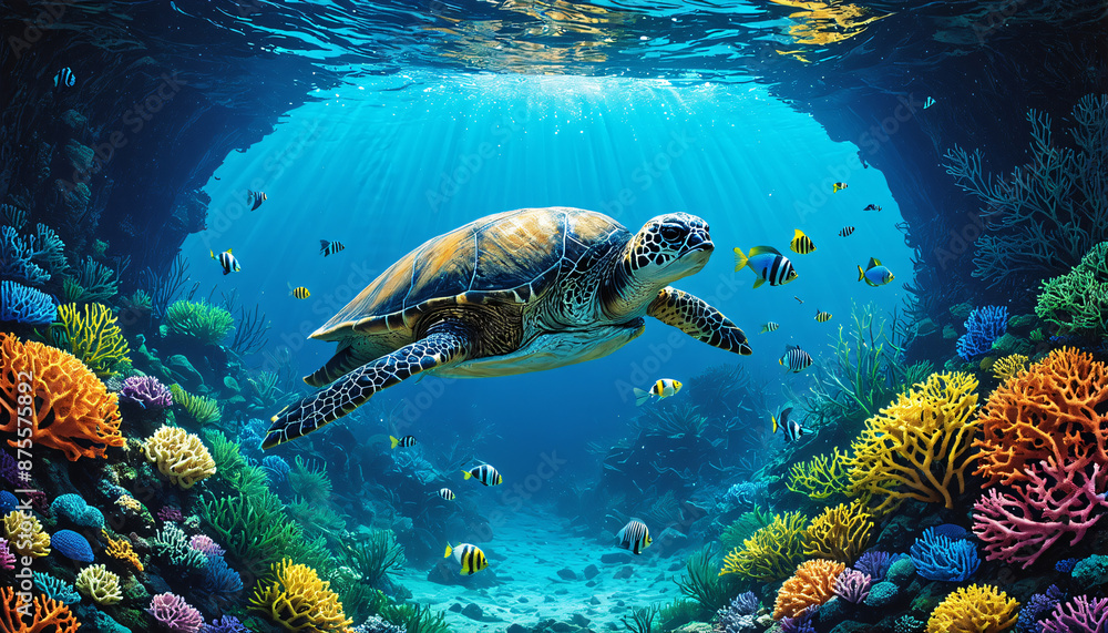 Obraz premium Coral Reef Cross Section with Sea Turtle