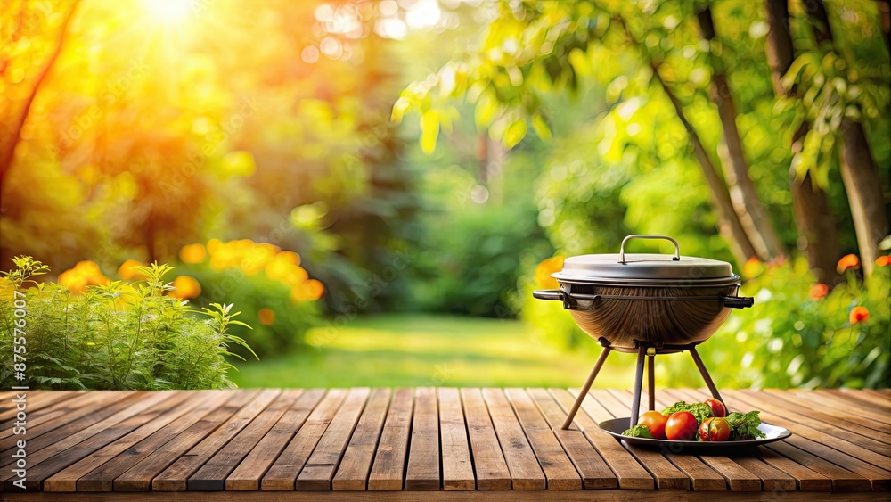 Summer backyard garden scene with a BBQ grill on a wooden table, with a blurred background , summer, backyard, garden, grill Summer backyard garden scene with a BBQ grill on a wooden table, with a blurred background , summer, backyard, garden, grill
