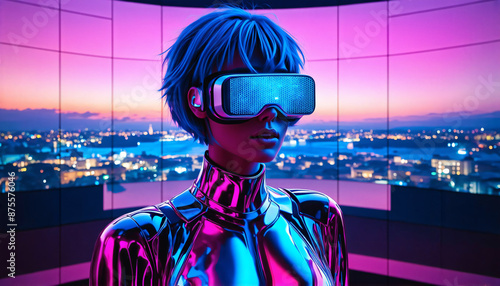 Futuristic woman in cyberpunk VR cityscape