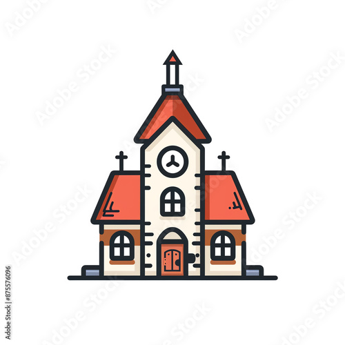 Illustration of a charming church with a clock tower and red roof, ideal for religious, architectural, or cultural themes.