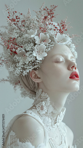 Beautiful androgen blond woman in an elaborate headpiece made of flowers