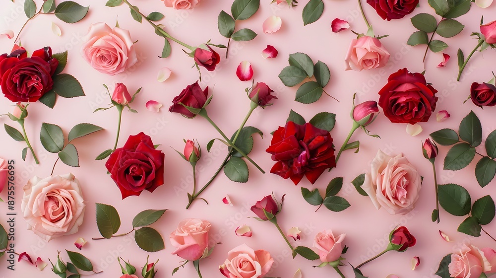 Rose pattern in multi-color, red rose, pink rose in flower bouquet for background and wallpaper with soft pink paper background. Rose pattern in multi-color, red rose, pink rose in flower bouquet for background and wallpaper with soft pink paper background.