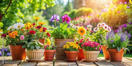 Fototapeta Naklejka Na Ścianę i Meble -  Colorful flowers in various pots on a sunny patio , vibrant, gardening, outdoor, plants, nature, bloom, potted, decoration