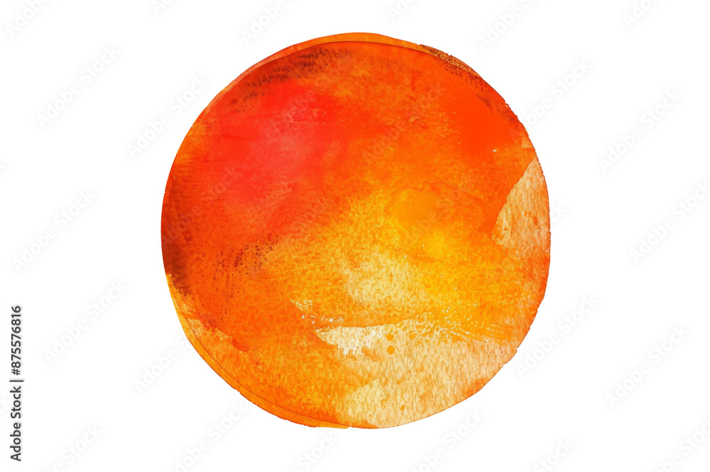 Fototapeta premium Vibrant orange watercolor painting of a circular sun, showcasing artistic brush strokes and fiery hues. isolated on a white background, transparent background.
