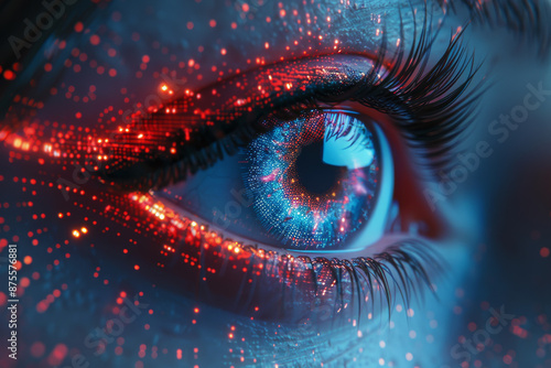 Illustration of digital eye neon style on dark blue background, computer vision and hightech technology concept. 3D Rendering 