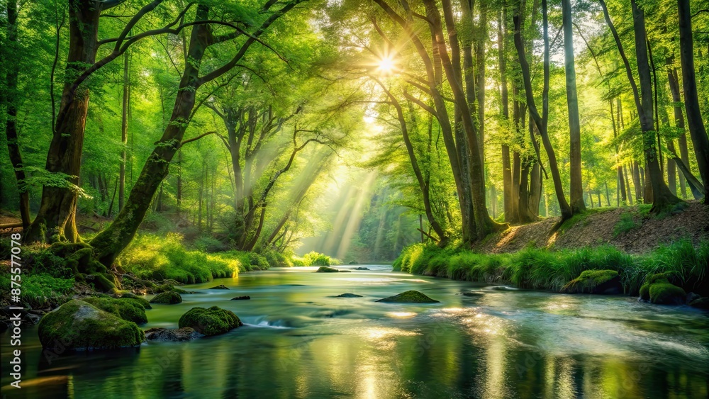 Fototapeta premium Lush green forest with a flowing river and sunlight streaming through the trees, nature, Earth, planet, environment, trees, foliage