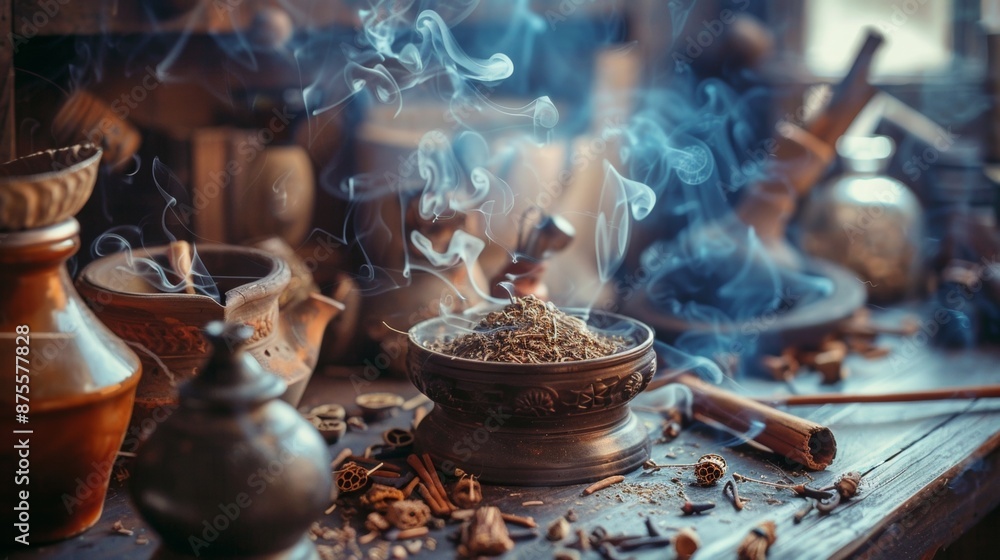 Fototapeta premium Traditional Herbs Smoking in Antique Bowl