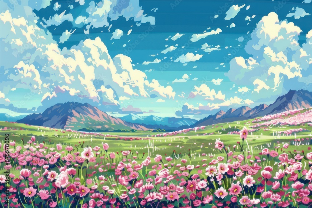 Fototapeta premium Pixel art background meadow with flowers and trees sky clouds mountains.
