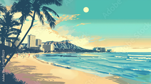 アメリカ合衆国ハワイ州ワイキキビーチの早朝風景をレトロな雰囲気でベクター風に描いたイラスト