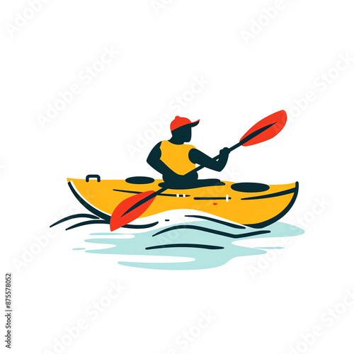 Illustration of a person kayaking in a yellow kayak on water, wearing a red cap and holding a red paddle.
