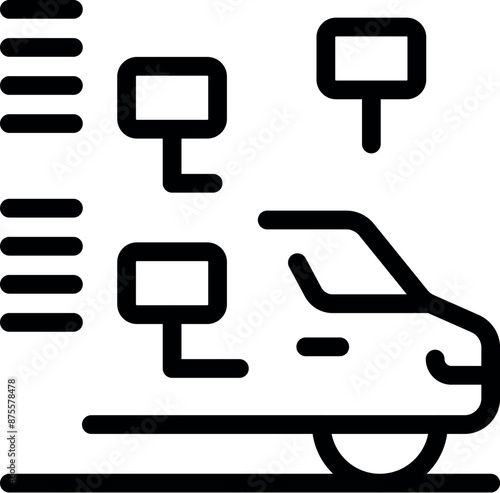 Line art icon of an autonomous vehicle driving on a road and detecting road signs