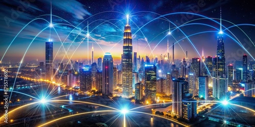 Wallpaper Mural Futuristic cityscape with glowing neon circuits, abstract data streams, and orbiting satellites, symbolizing rapid information exchange and digital transformation in a futuristic world. Torontodigital.ca